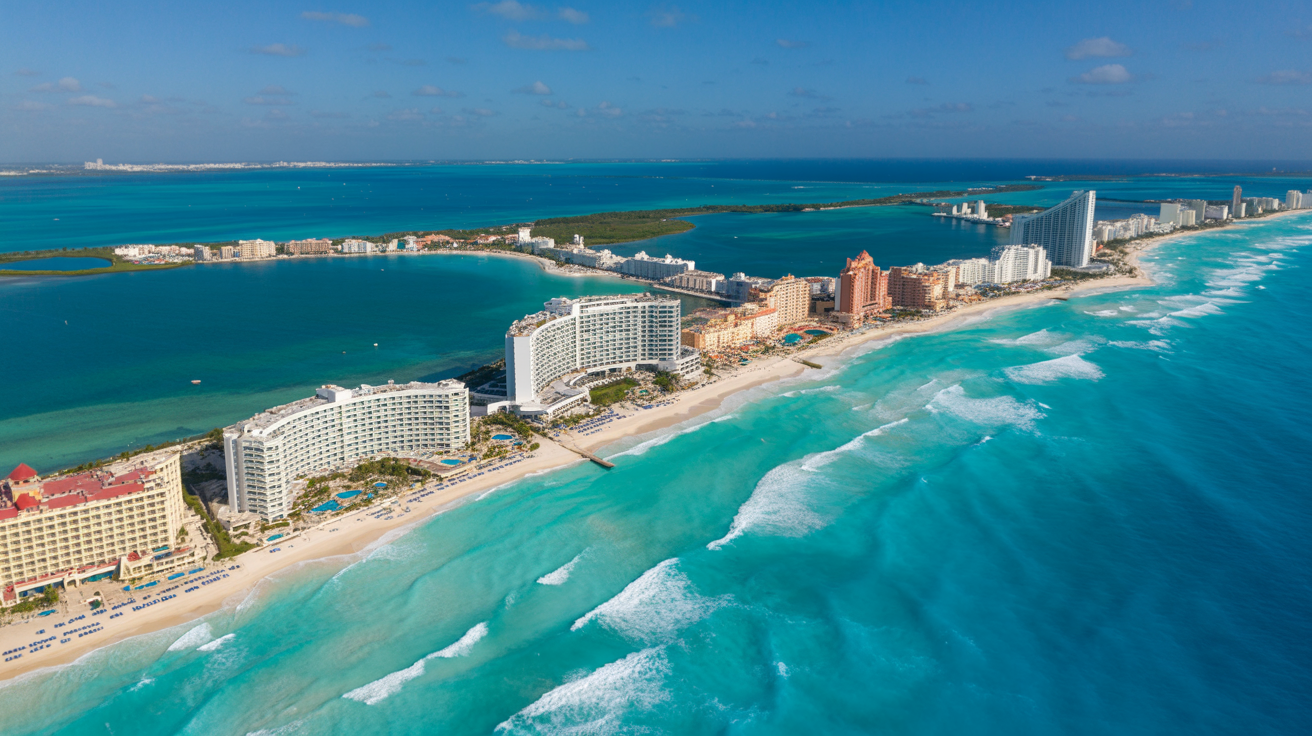 Vista aérea de Cancún — activo de refugio inmobiliario