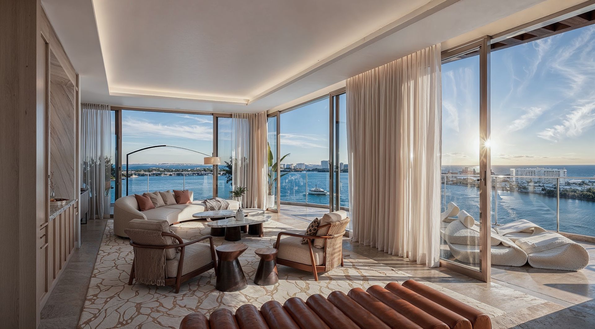 Sala con ventanales de piso a techo y vista a la laguna