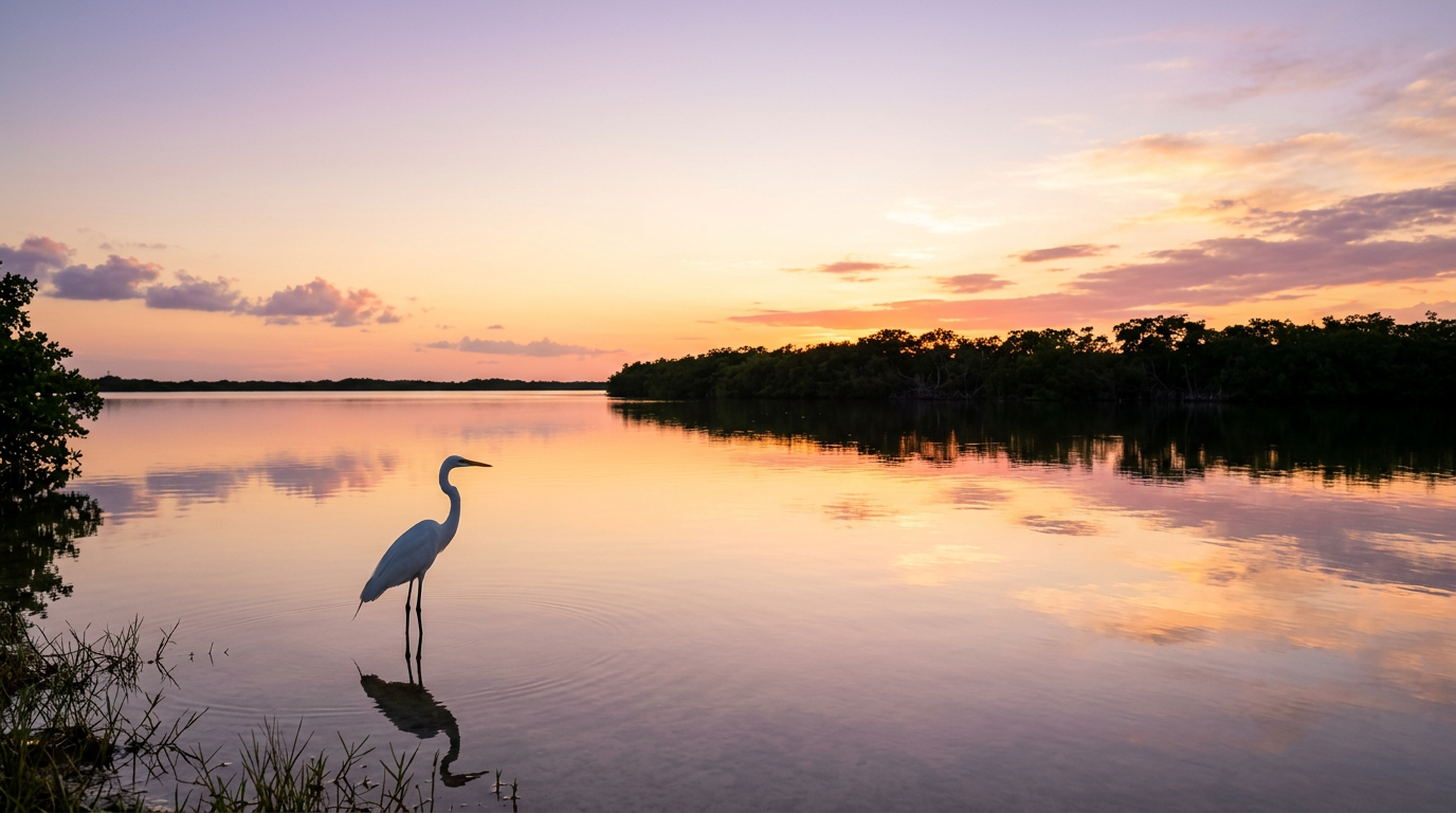 Atardecer sobre la Laguna Nichupté — agua quieta reflejando un cielo rosa y dorado